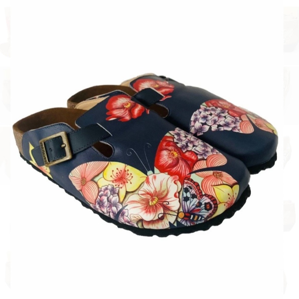 NWT Anuschka Floral Leather Clogs Mules Women Sz 8 Navy Blue Comfy Outdoor